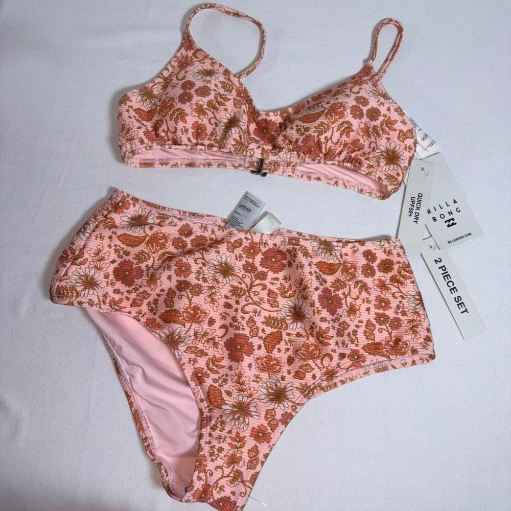Billabong Bikini Set Medium Pink Floral NEW High Waist Ribbed Retro Rose Set